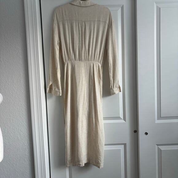 By Anthropologie V-Neck Knot Front Linen Midi Dress 6P Cream Minimalist Neutral - Picture 4 of 13